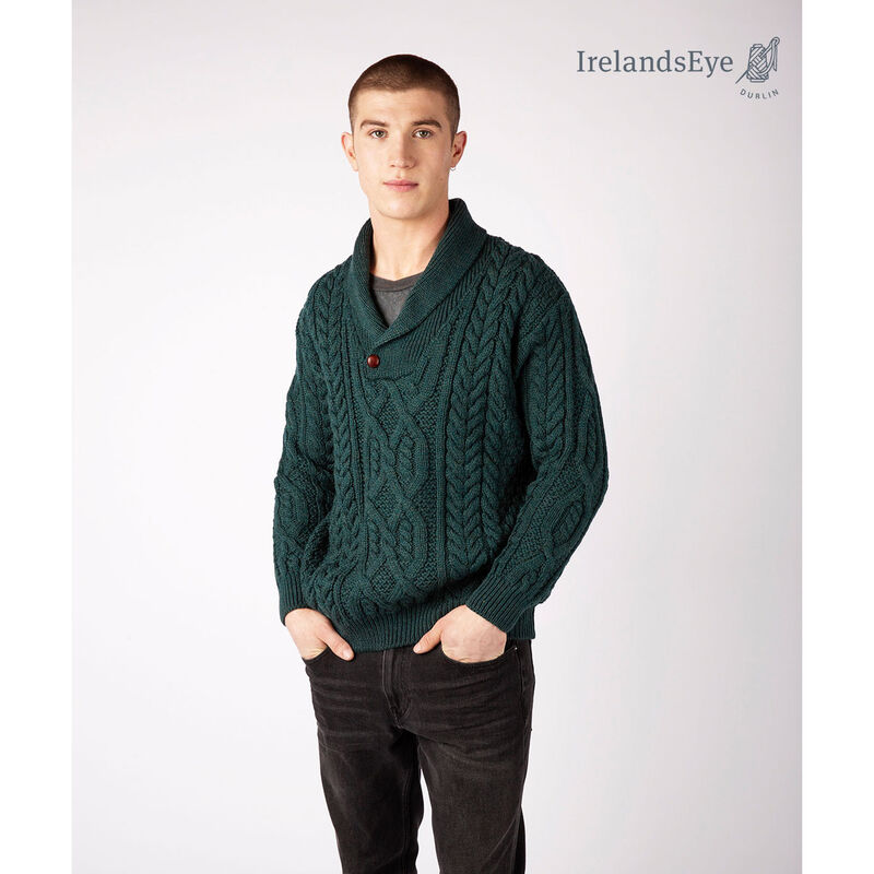 Dair Merino Wool Aran Shawl Collar Sweater, Evergreen Colour